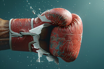 Visualize a close-up view of a boxing glove's fist punching through paper, capturing the dynamic moment of impact 