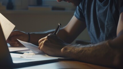 Small business owner at desk, reviewing financial documents, soft ambient lighting, close-up on hands and papers 