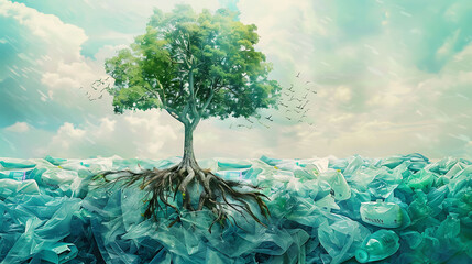 World Plastic bag free day - A Green tree on trash