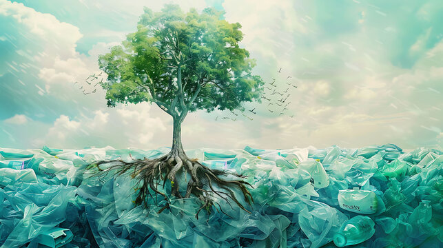 World Plastic bag free day - A Green tree on trash