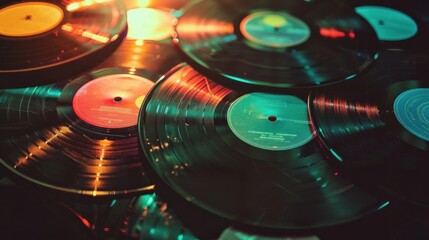 a photo of a collection of vinyl records that has been altered to add light leaks and scratches for authenticity. Concept of music appreciation in retro style