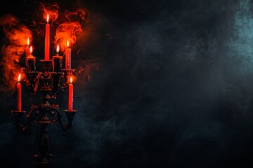 Eerie Candelabras Flaming with Dangerous Allure A Dark Interior Decor - obrazy, fototapety, plakaty