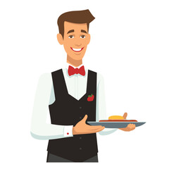 Waiter serving delicious salad, smiling male restaurant staff presenting dish. Smartly dressed Caucasian waiter offering fresh meal, hospitality professional work. Vest bow tie attire formal food