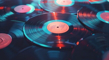 a photo of a collection of vinyl records that has been altered to add light leaks and scratches for...