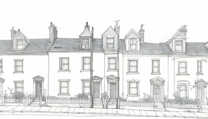 A Line Drawing Of A Row Of Houses On A Street