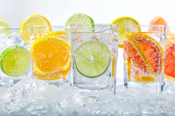 Enticing image featuring glasses filled with sparkling water, garnished with citrus slices of lemon, lime, and orange, highlighted by a crisp, bubbly backdrop and icy freshness