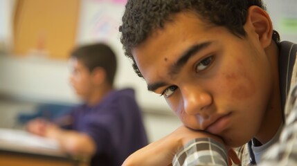 Student focused on solving complex math problem, clarity in expression, close-up 