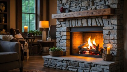 Hearthside Comfort, Photo Featuring a Cozy Fireplace Nestled Against a Stonewall.