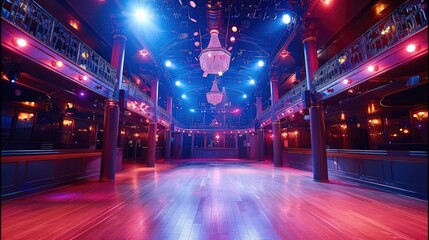 Extreme wide angle front view of a nightclub interior. Generative AI.