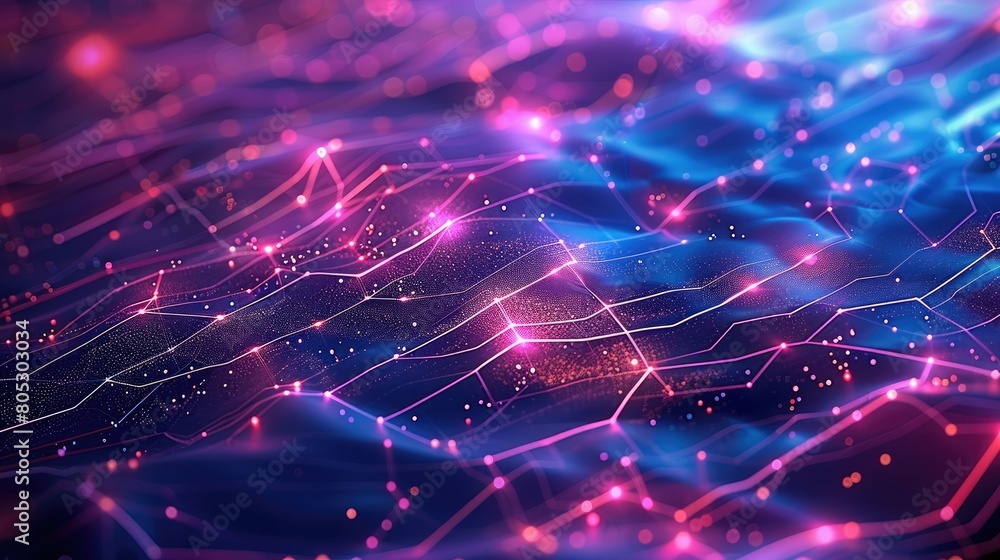 Poster deep blue and purple background with various lines, geometric shapes, and structures overlapping to 