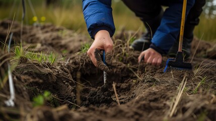 Fototapeta premium Environmental science fieldwork, researcher collecting soil samples, close-up on hands and tools 