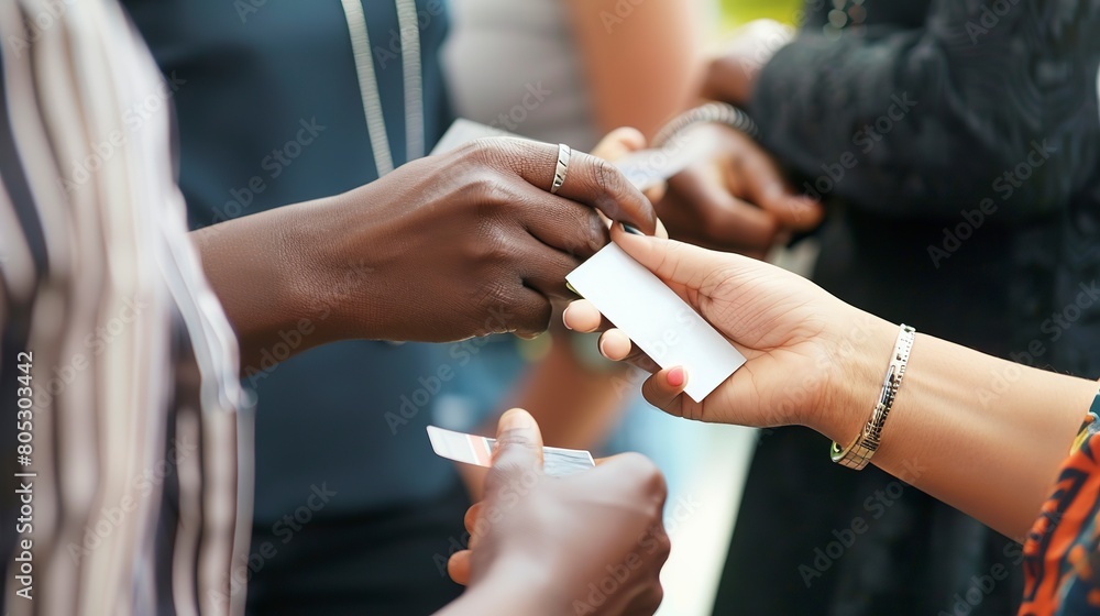 Sticker Global business seminar, close-up on hands exchanging business cards, multicultural symbols visible 