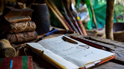 Cultural anthropology field study, close-up on notebook with ethnographic notes, rustic setting 