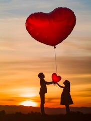 Silhouetted Lovers Exchanging Heart Shaped Balloon at Sunset