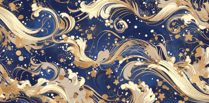 Abstract blue and gold waves background, hand drawn water pattern with line art and dots