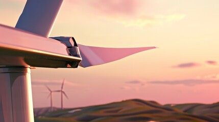 Wind turbines on rolling hills at dawn, vibrant sky, close-up on a blade, shallow depth of field 