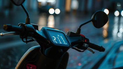 Electric scooter parked in city, close-up on power display, twilight, glowing dashboard, high...