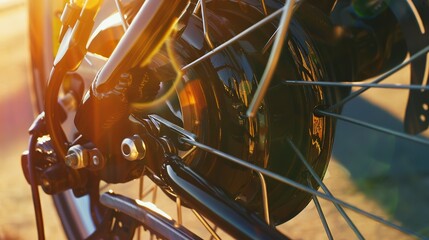 Electric bike motor hub, close-up, outdoor sunlight, detailed textures, vibrant colors 
