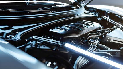 Under hood of electric car, close-up on components, garage lighting, meticulous detail, clean lines 