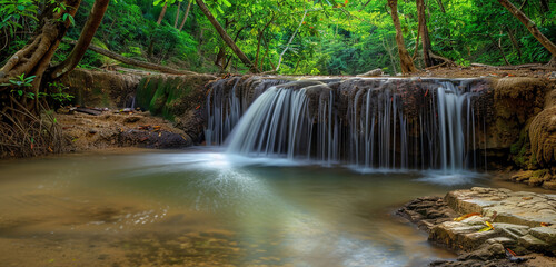 The serene beauty of a small, meandering stream that expands into a breathtaking waterfall, surrounded by the vibrant greens of a tropical jungle. The panorama captures the stream's journey, 