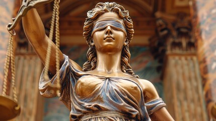 A close-up of Lady Justice, blindfolded and bearing the scales of justice, represents the impartiality and elegance of the legal system