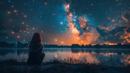 A dreamy composite image of a woman stargazing beside a lake with a galaxy in the night sky