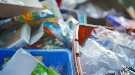 Recycling bin contents, close-up on paper and plastics, natural outdoor lighting, vivid clarity 
