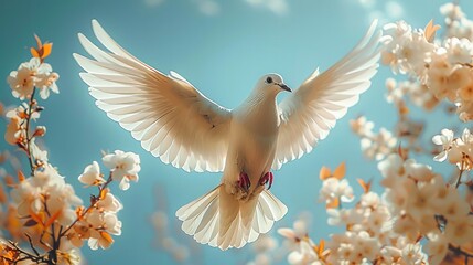 Dove in flight against a clear blue sky, spring flowers, feeling of freedom and elegance. Generative AI.