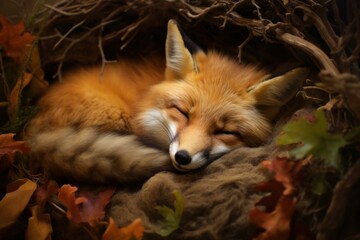 Obraz premium Majestic Sleeping wild fox. Canine carnivore. Generate Ai