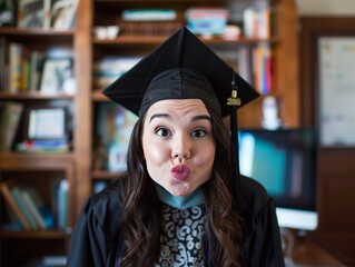Graduate blowing a kiss to the webcam.