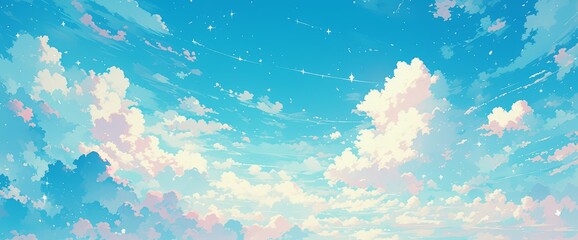 A pastel pink, purple and blue sky with white clouds and stars, ethereal and dreamy atmosphere, cute 