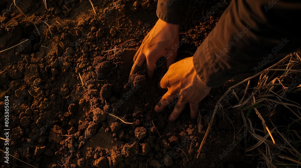 Poster Biodynamic farm soil, close-up, hands testing texture, golden hour light, detailed earth tones