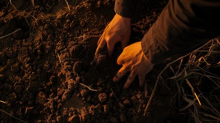Biodynamic farm soil, close-up, hands testing texture, golden hour light, detailed earth tones