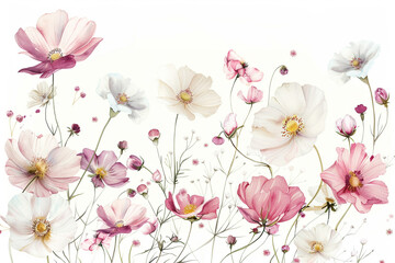 Watercolor cosmos clipart with delicate pink and white flowers 