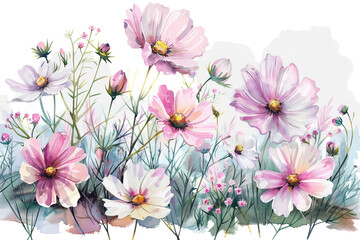 Watercolor cosmos clipart with delicate pink and white flowers 