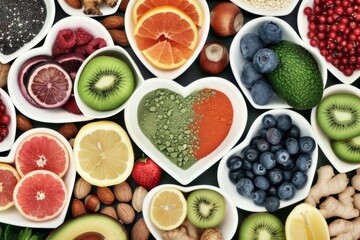 A variety of healthy_foods_in_heart-shaped bowls 