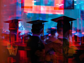 Reflection of a graduation ceremony on a computer screen. 