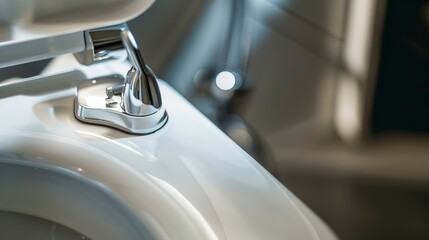 Dual flush toilet mechanism, close-up, bathroom setting, clear focus on buttons, soft light 