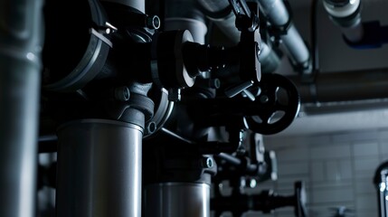 Greywater recycling system, close-up on pipes and filters, garage lighting, intricate details