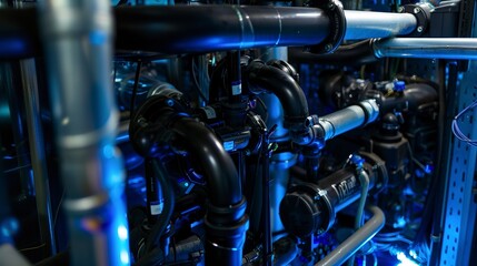 Greywater recycling system, close-up on pipes and filters, garage lighting, intricate details 