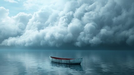 A boat is floating on a lake in the middle of a storm