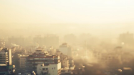 Fototapeta premium Smog over cityscape, close-up from high viewpoint, blurry background, early morning light 