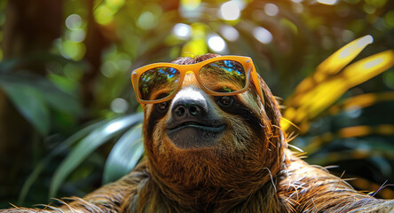 Obraz premium A sloth with sunglasses against a lush rainforest setting. Generative AI.