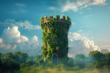 Abandoned tower covered with lush vegetation