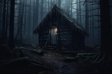 Creepy witch hut in the dark forest