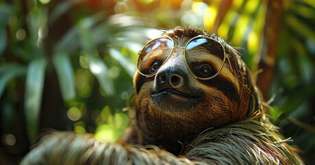 Obraz premium A sloth with sunglasses against a lush rainforest setting. Generative AI.