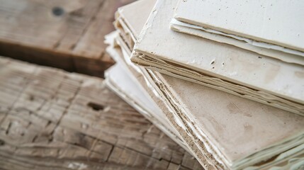 Recycled paper notebooks, close-up on stack, natural wood background, detailed texture 