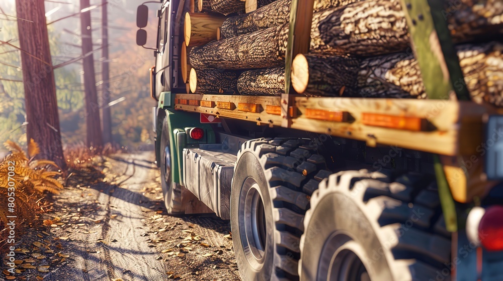 Sticker Logging truck loaded with timber, close-up on logs, forest road, bright daylight, high detail 