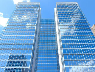 The two tall buildings are made of glass and are reflecting the blue sky