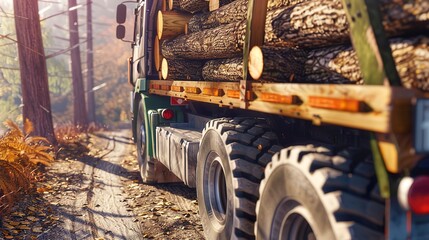 Logging truck loaded with timber, close-up on logs, forest road, bright daylight, high detail 